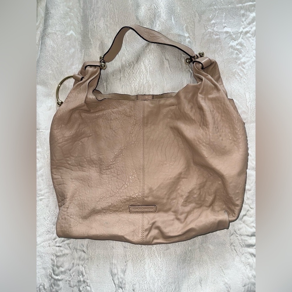 Large Beige Vince Camuto Soft Leather Hobo Bag with gold detailing